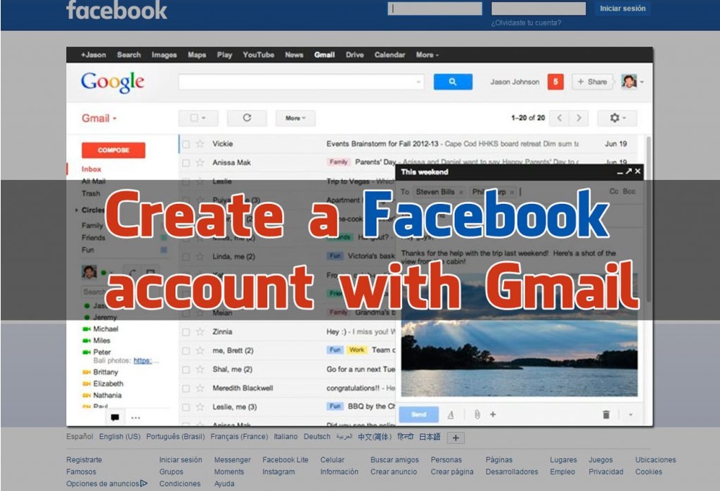 Using Gmail to create a Facebook account Read more about social media: Snapchat how to create an account Create Facebook Account Go to facebook.com from your Smartphone or home pc, you will see a big form that says “Open an account, it’s free and always will be” start writing your data. Name, last name, email address or mobile phone number, re-write email or phone, password, birth date and gender. Then push create account. Write the captcha and accept the Facebook terms and conditions. Go to your inbox, (You may want to check your spam folder) and you’ll see a new email from the facebook team, open it and you will see a link to confirm your account, click on it and that’s it. You’re now ready, the system will take you to the find your friends page, you can start searching your friends via email or connecting your facebook account to another email service/social network such as Gmail, Yahoo, Hotmail, Messenger or Outlook. Then set your privacy options, who can see your profile, who can send you messages and friend requests, and that kind of things. Fill your profile, your full name, your school or job, a picture and your likes, facebook will take all of this data to show pages you may like based on your interests. Verify your account via SMS, to unlock all facebook features you must prove that you’re a human. Just go to settings, privacy, verify my account and press “Send me a message” if you didn’t register a phone number you’ll have to do it now, in a few minutes you’ll receive a message with a code, write it and now your account is ready and verified to use the facebook services, post photos, videos, statuses and connect with your friends. Facebook Sign Up Go to the Facebook sign-in page at facebook.com using your favorite Web browser. On the right-hand side of the page, under "Sign Up," type in your name, email address, password and birthday. Click on the green "Sign up" button. Enter your email address and password to see if some of your friends are already on Facebook. Skip this step if you would like to. Fill out your profile. Enter your high school, college, and company information on this screen. When your done, click "save and continue." Skip this step if you do not want to put in this information. Upload a photo. Click "Upload a Photo" then click on "browse" and select a picture that you want to use. Click "save and continue." Skip this step and do it later if you wish. You now have a new Facebook account. Now you can find people or edit your profile further. Check your email. Facebook will send you an account confirmation email which contains a link that you must click on to complete your registration. Using Gmail to create a Facebook account This is because it brings together several functionalities, which many social networks do not have at hand. If you do not currently have a Facebook account, but if you want to create one, and the email account you have at hand is Gmail, we will comment that there is no problem to be able to create a Facebook account. You may be interested: How to create a gmail account Create a Facebook account with Gmail Create a Facebook account with Gmail The first thing to do is to place in the address bar of your browser Facebook.com. In the initial screen of this web, it offers you an option to open an account. Below this title, a form appears where you will place your name, last name, email, in this case it will be the one of your Google account, you will write it down again, the password that you will associate with your Facebook account, date of birth and your gender . Then we will perform a series of steps. In the first step will allow you to search all the contacts of your Gmail account that are registered in Facebook, in this way you will immediately add to your friends. In step two, you will be asked to place personal information about yourself and your life. And for step three, you just have to upload a profile photo for everyone to recognize you on Facebook. And this way you use your Google account to open a Facebook account. As we have said many times, having an email account is something that can serve to many purposes, and precisely one of them is to create a Facebook account. If you have a Hotmail email, you should know that it also serves you for this purpose, as well as many more things, but here we will explain how to create a Facebook account with Hotmail. The steps to follow are the same to create a Facebook account, only that instead of any mail or a phone number, we will make use of a Hotmail account Facebook Sign in Here we are going to show you how to do a Facebook sign in, so that you can you can post pictures, make status updates and chat with your friends and family. Just follow these steps and you’ll be ready to post! How to Sign in on Facebook? Go to Facebook homepage and write an email address that is associated with your Facebook account. Keep in mind that if you don’t have an account, you’ll need to Sign up by clicking the create an account green button. Visit the official URL here. You could write a phone number in this step if you have one associated in your account preferences. Then you need to write the password on the blank space under the previous one. As you write the password will show as black dots to protect it from other viewers of your screen. Click the log in blue button under the blank spaces and you’ll be sent to your personal Facebook’s home-screen. Did you Forgot your Password? Don’t worry just click the Forgotten password? link over the Create New Facebook Account green button. Then you just need to follow the steps to set a new one. What’s Facebook and what’s its function? Facebook is the most popular social network available right now. It works as a place where people from every country can share their interests and get to know each other. Also, it works like a daily blog, where everyone can show what they are doing right now using the stories feature. What’s Facebook useful for? Facebook can be used in may ways, some people just use it groups platform as a place to share interest in common, others sell products and/or exchange them for others. Influencers use it as a way to connect with their fans.